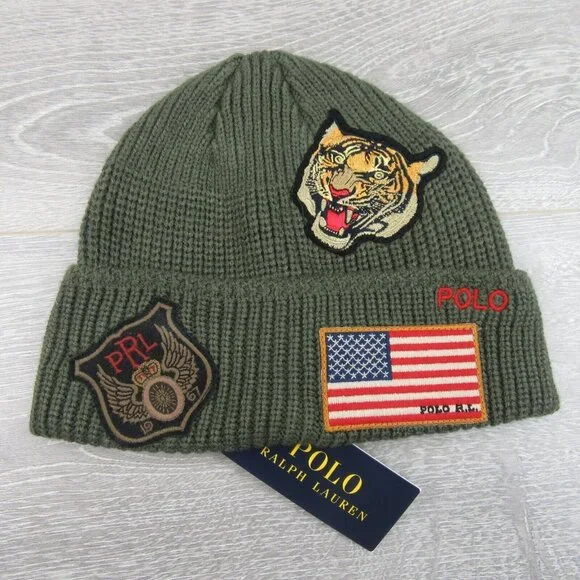 Polo Ralph Lauren Patch RL Tiger USA Green Skull Beanie Cap One Size NEW - Picture 2 of 11